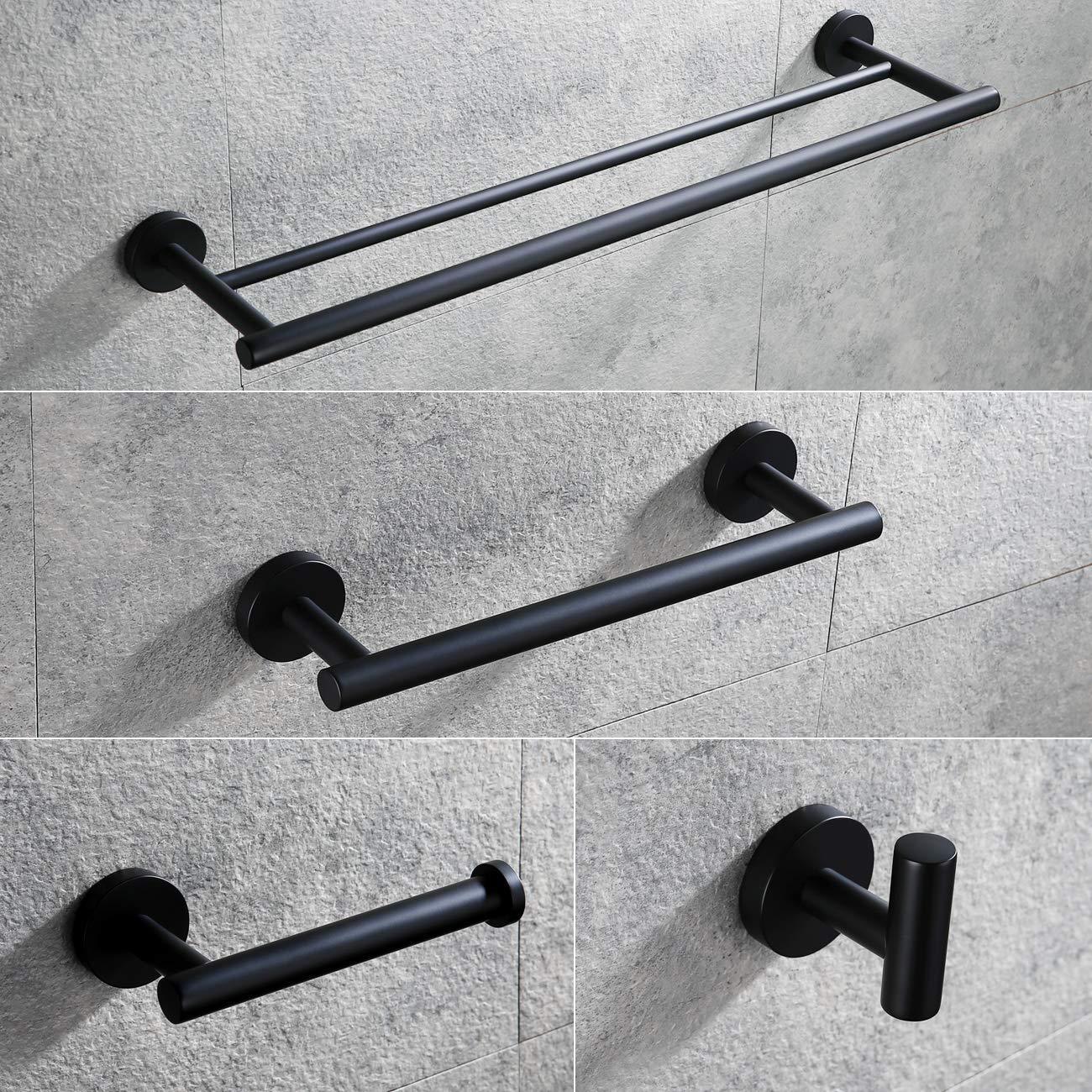 Featured hoooh matte black 4 piece bathroom accessories set stainless steel wall mount includes double towel bar hand towel rack toilet paper holder robe hooks bs100s4 bk