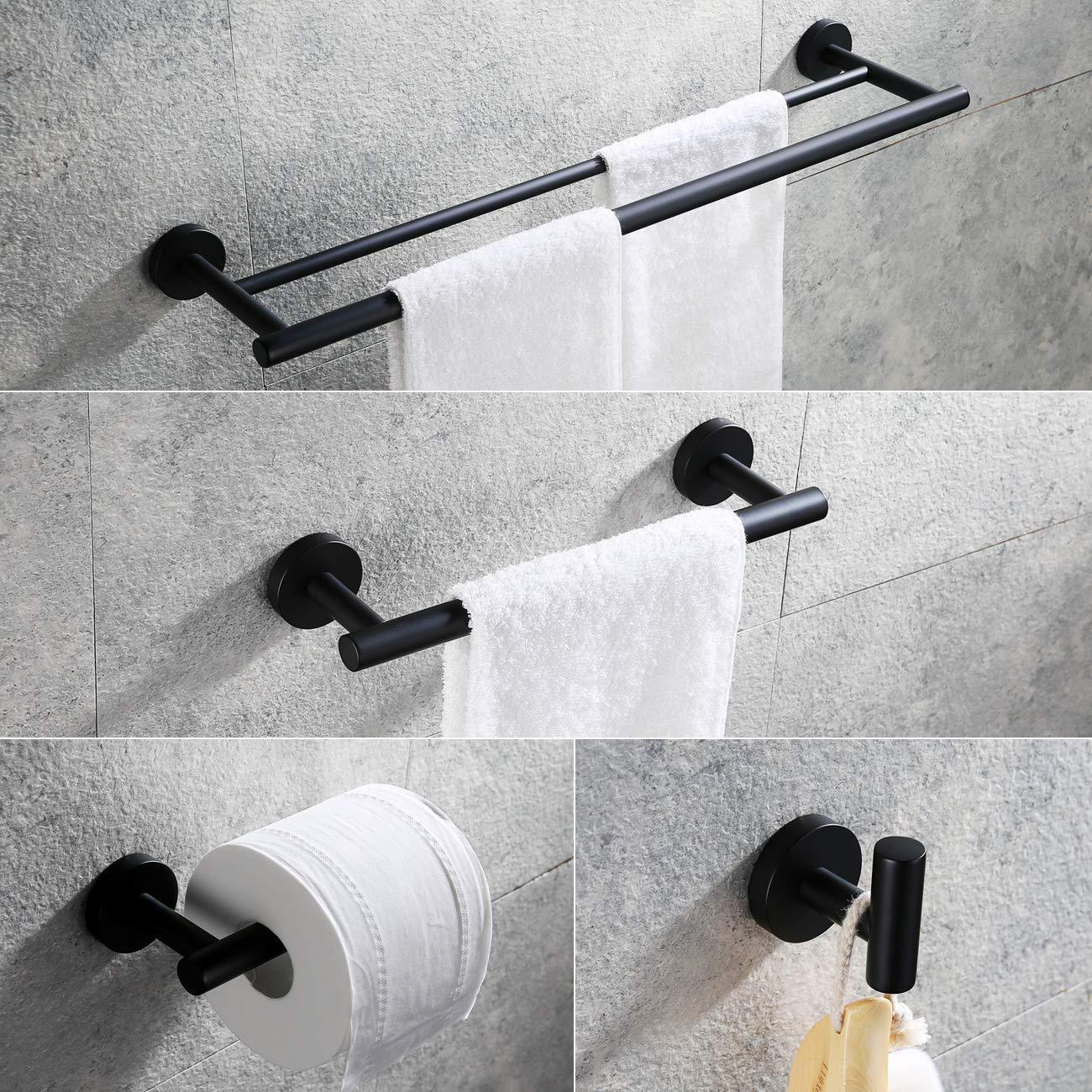 Get hoooh matte black 4 piece bathroom accessories set stainless steel wall mount includes double towel bar hand towel rack toilet paper holder robe hooks bs100s4 bk