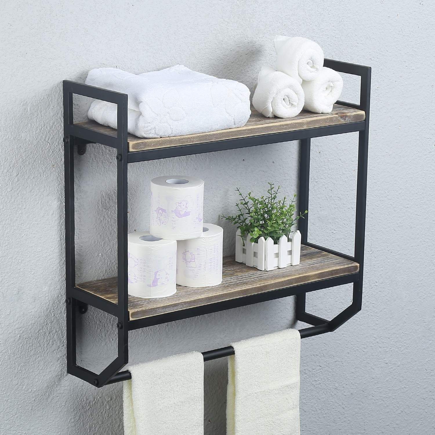 Discover 2 tier metal industrial 23 6 bathroom shelves wall mounted rustic wall shelf over toilet towel rack with towel bar utility storage shelf rack floating shelves towel holder black brush silver