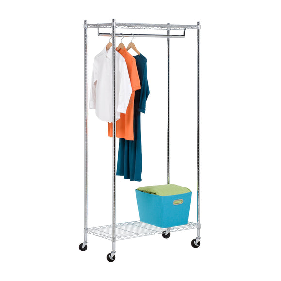 Heavy Duty Rolling Garment Rack with Two Shelves, Chrome