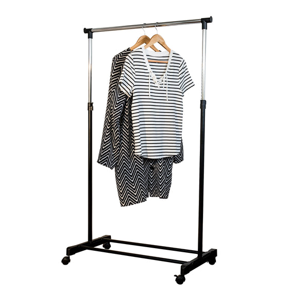 Height-Adjustable Rolling Clothes Rack with Shoe Shelf, Black/Chrome
