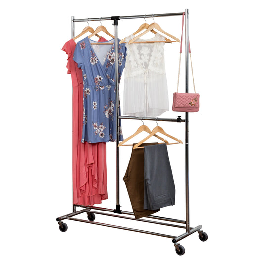 Double Rod Rolling Garment Rack, Silver