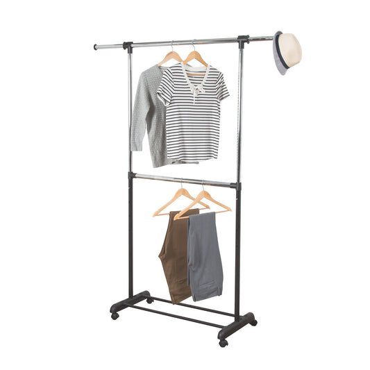 Expandable Dual Rod Garment Rack with Wheels, Chrome/Black