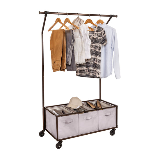 Rolling Garment Rack With Storage Bins, Bronze