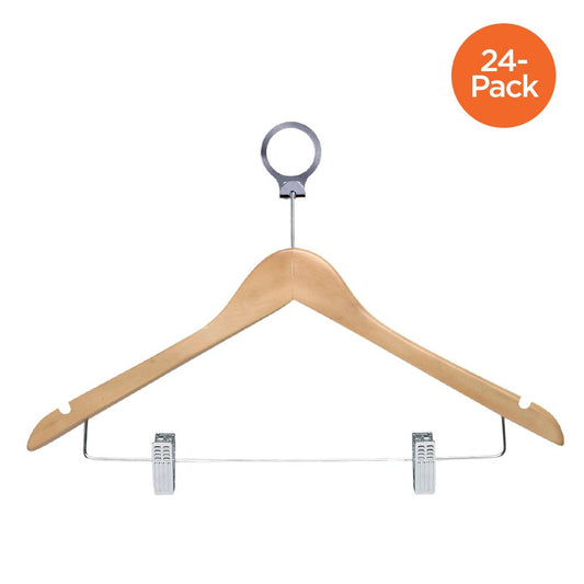 24-Pack Wood Hotel Hangers with Clips, Maple