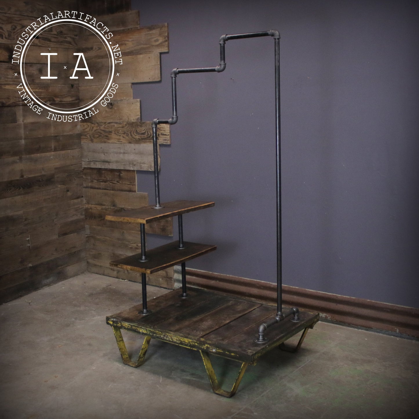 Industrial Cast Iron Wooden Factory Cart Garment Rack Shelving Unit