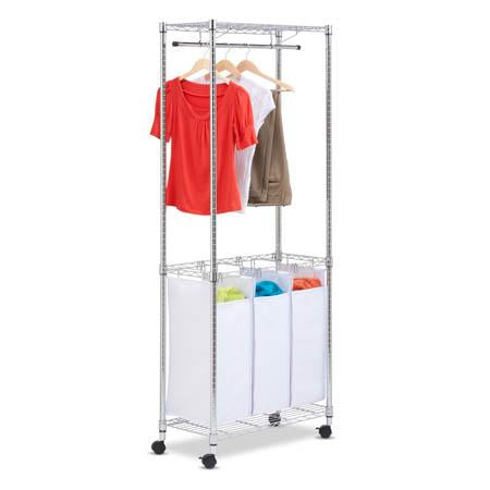 Rolling Laundry Center Triple Sorter and Clothes Hanging Bar, Chrome