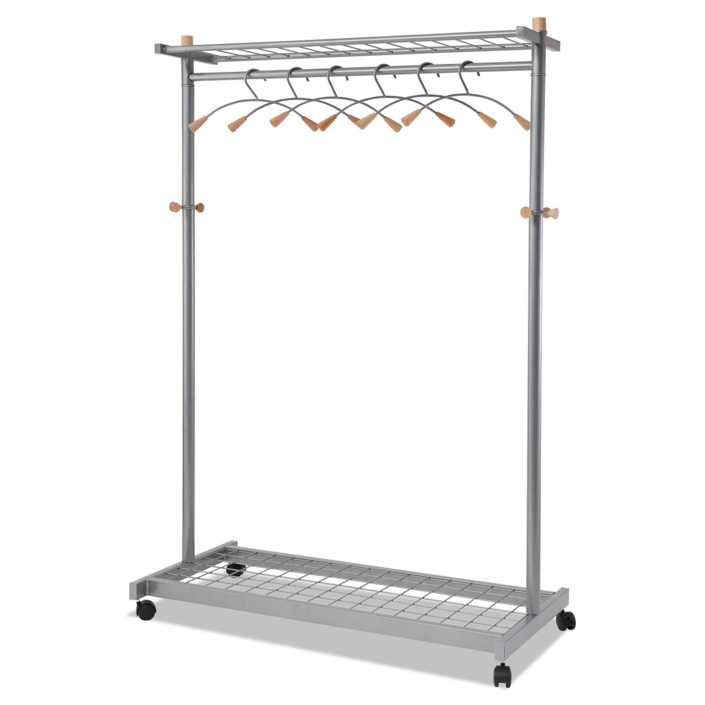 Alba Garment Racks, Two-Sided, 2-Shelf Coat Rack, 6 Hanger/6 Hook, 44.8w x 21.67d x 70.8h, Silver Steel/Wood