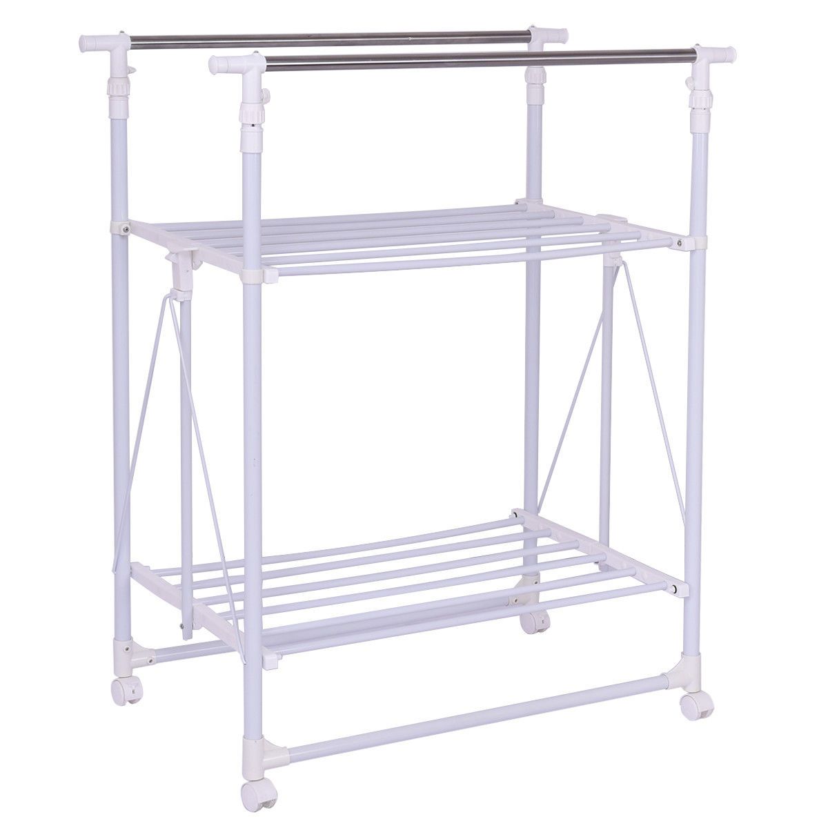 Folding Adjustable Rolling Clothes Rack Hanger with 2 Shelves