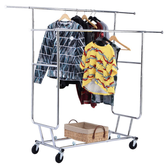 Double Commercial Collapsible Clothing Rolling Garment Rack